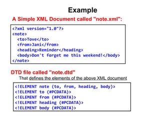 Example
A Simple XML Document called "note.xml":
<?xml version="1.0"?>
<note>
  <to>Tove</to>
  <from>Jani</from>
  <heading>Reminder</heading>
  <body>Don't forget me this weekend!</body>
</note>
DTD file called "note.dtd"
That defines the elements of the above XML document
<!ELEMENT note (to, from, heading, body)>
<!ELEMENT to (#PCDATA)>
<!ELEMENT from (#PCDATA)>
<!ELEMENT heading (#PCDATA)>
<!ELEMENT body (#PCDATA)>
 
