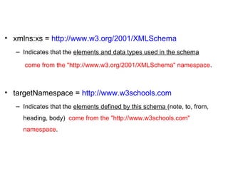 • xmlns:xs = http://www.w3.org/2001/XMLSchema
– Indicates that the elements and data types used in the schema
come from the "http://www.w3.org/2001/XMLSchema" namespace.
• targetNamespace = http://www.w3schools.com
– Indicates that the elements defined by this schema (note, to, from,
heading, body) come from the "http://www.w3schools.com"
namespace.
 