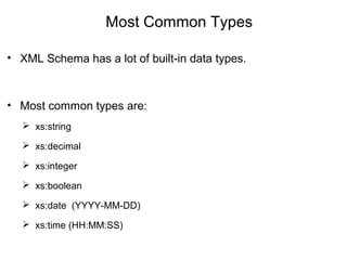Most Common Types
• XML Schema has a lot of built-in data types.
• Most common types are:
 xs:string
 xs:decimal
 xs:integer
 xs:boolean
 xs:date (YYYY-MM-DD)
 xs:time (HH:MM:SS)
 