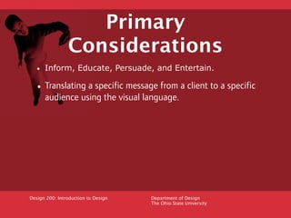 Primary
                Considerations
  • Inform, Educate, Persuade, and Entertain.
  • Translating a specific message fr...