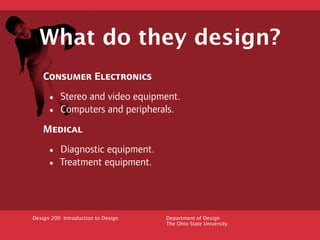 What do they design?
    Consumer Electronics

     • Stereo and video equipment.
     • Computers and peripherals.
    Me...