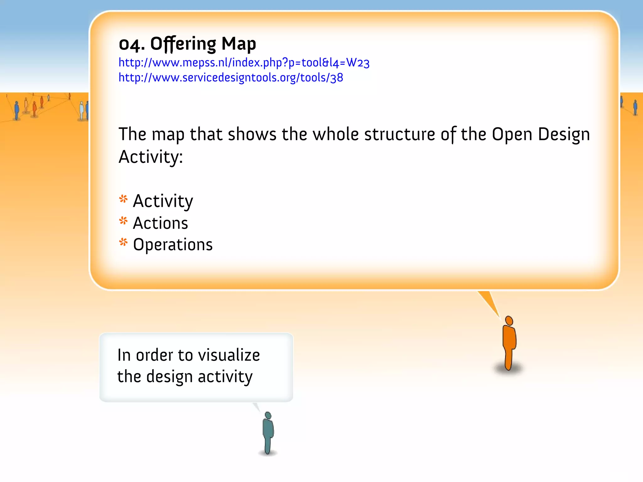 04. Ofering Map
http://www.mepss.nl/index.php?p=tool&l4=W23
http://www.servicedesigntools.org/tools/38



The map that shows the whole structure of the Open Design
Activity:

* Activity
* Actions
* Operations




In order to visualize
the design activity
 