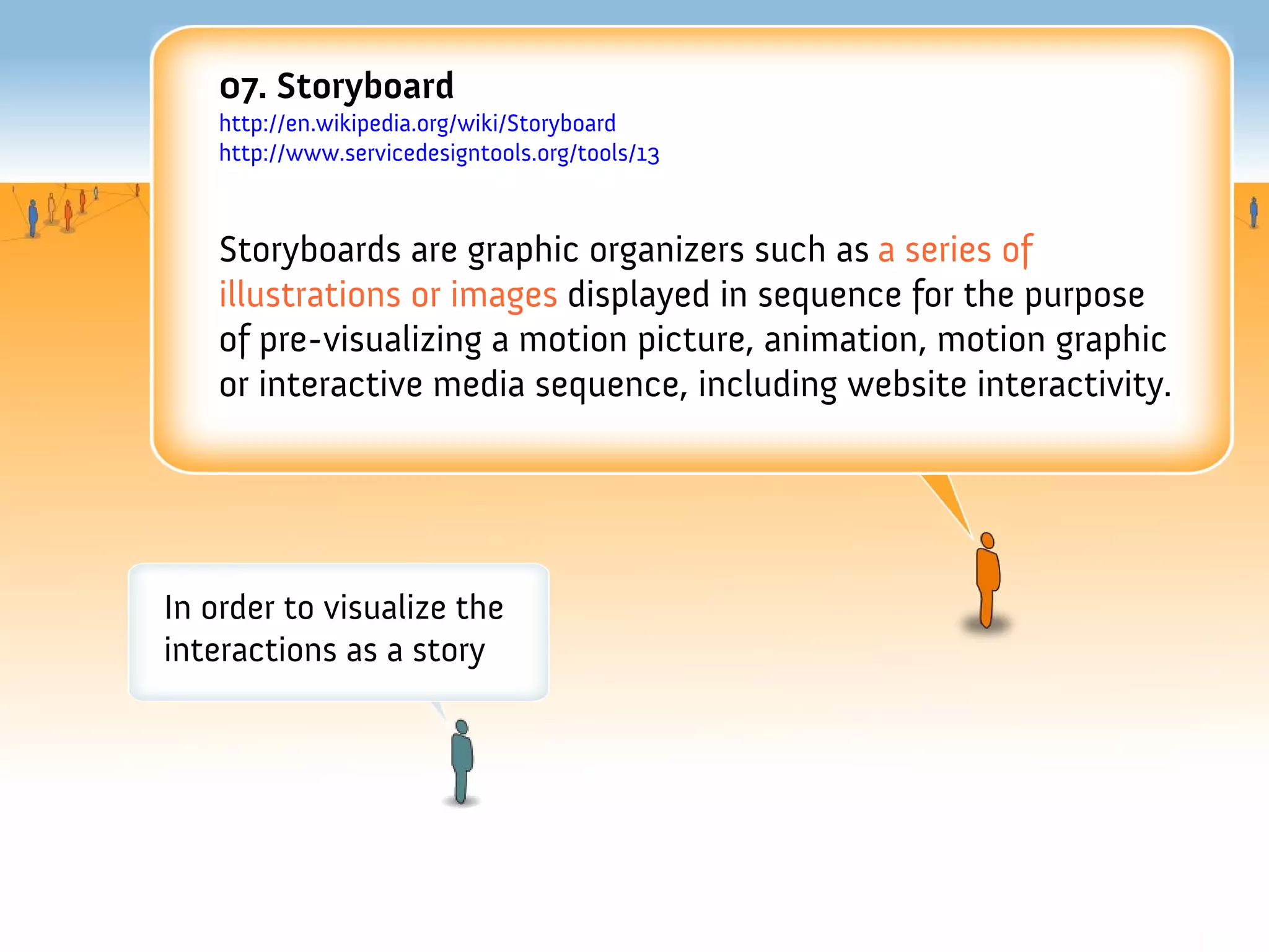 07. Storyboard
    http://en.wikipedia.org/wiki/Storyboard
    http://www.servicedesigntools.org/tools/13



    Storyboards are graphic organizers such as a series of
    illustrations or images displayed in sequence for the purpose
    of pre-visualizing a motion picture, animation, motion graphic
    or interactive media sequence, including website interactivity.




In order to visualize the
interactions as a story
 