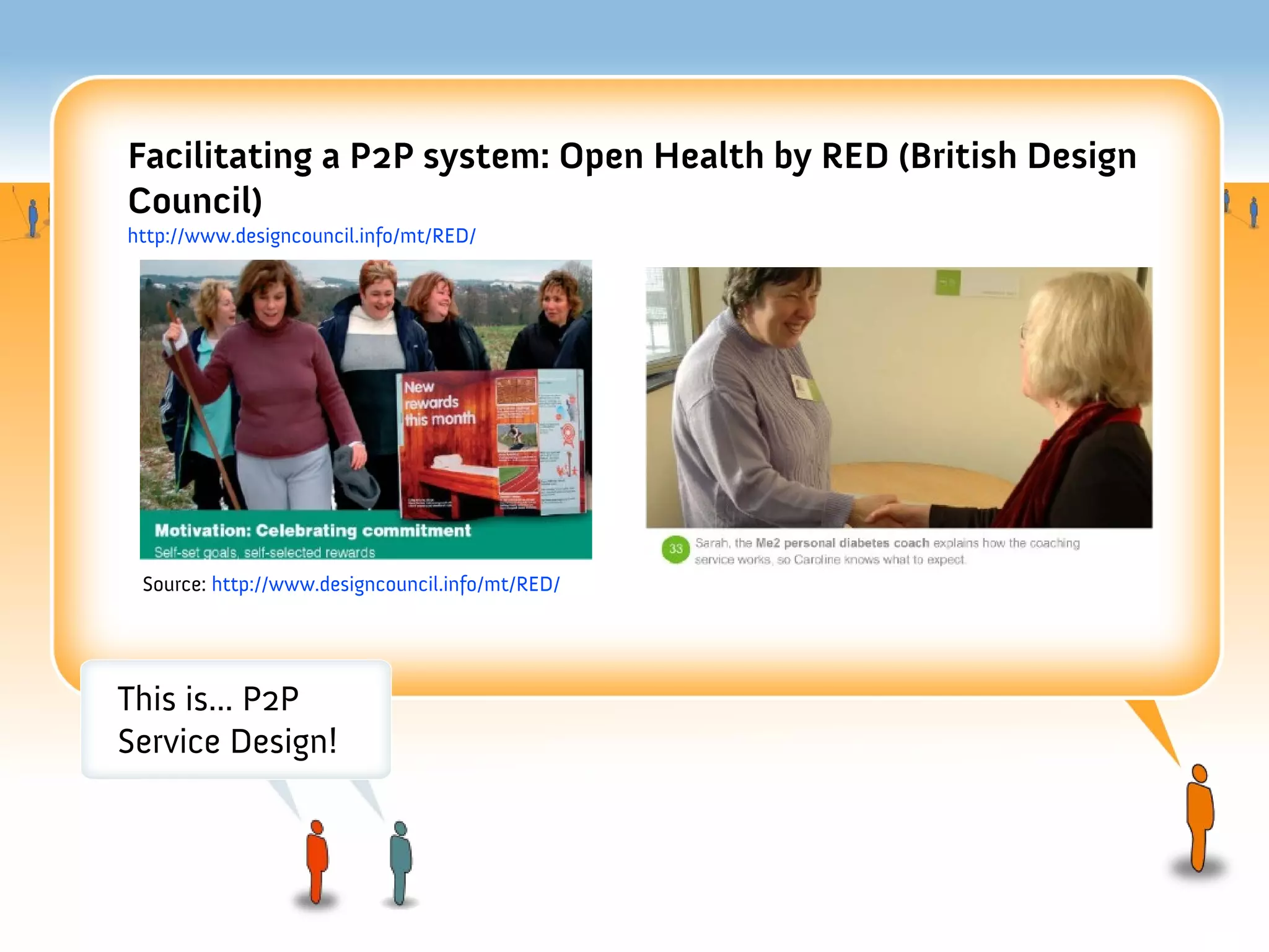 Facilitating a P2P system: Open Health by RED (British Design
Council)
http://www.designcouncil.info/mt/RED/




 Source: http://www.designcouncil.info/mt/RED/




This is... P2P
Service Design!
 
