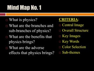 Mind Map No. 1
What is physics?
 What are the branches and
sub-branches of physics?
 What are the benefits that
physics brings?
 What are the adverse
effects that physics brings?


CRITERIA:
 Central Image
 Overall Structure
 Key Images
 Key Words
 Color Selection
 Sub-themes

 