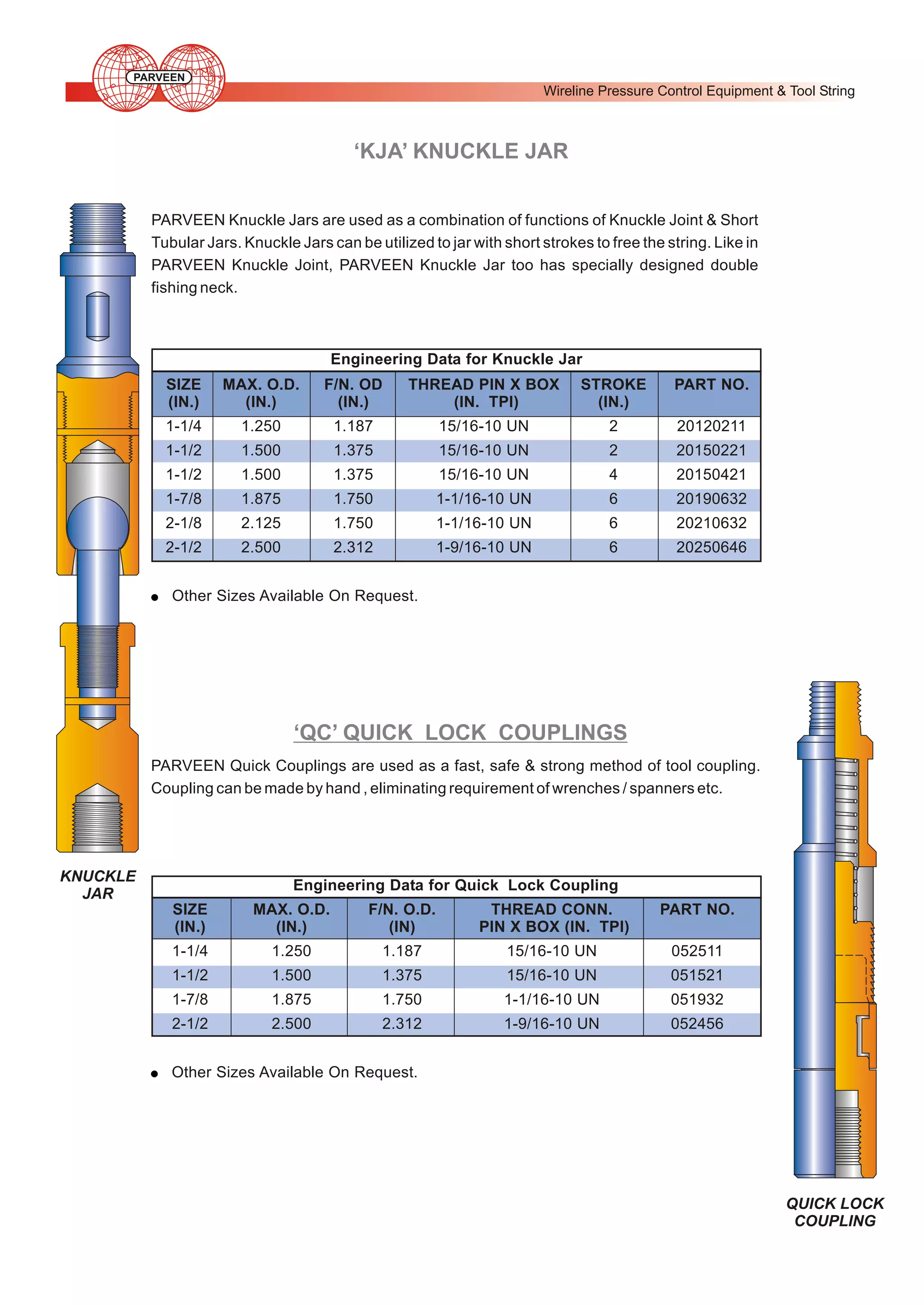 PARVEEN

Wireline Pressure Control Equipment & Tool String

‘KJA’ KNUCKLE JAR
PARVEEN Knuckle Jars are used as a combination of functions of Knuckle Joint & Short
Tubular Jars. Knuckle Jars can be utilized to jar with short strokes to free the string. Like in
PARVEEN Knuckle Joint, PARVEEN Knuckle Jar too has specially designed double
fishing neck.

Engineering Data for Knuckle Jar

SIZE
(IN.)

MAX. O.D.
(IN.)

F/N. OD
(IN.)

THREAD PIN X BOX
(IN. TPI)

STROKE
(IN.)

PART NO.

1-1/4

1.250

1.187

15/16-10 UN

2

20120211

1-1/2

1.500

1.375

15/16-10 UN

2

20150221

1-1/2

1.500

1.375

15/16-10 UN

4

20150421

1-7/8

1.875

1.750

1-1/16-10 UN

6

20190632

2-1/8

2.125

1.750

1-1/16-10 UN

6

20210632

2-1/2

2.500

2.312

1-9/16-10 UN

6

20250646

! Other Sizes Available On Request.

‘QC’ QUICK LOCK COUPLINGS
PARVEEN Quick Couplings are used as a fast, safe & strong method of tool coupling.
Coupling can be made by hand , eliminating requirement of wrenches / spanners etc.

KNUCKLE
JAR

Engineering Data for Quick Lock Coupling
SIZE
(IN.)

MAX. O.D.
(IN.)

F/N. O.D.
(IN)

THREAD CONN.
PIN X BOX (IN. TPI)

PART NO.

1-1/4

1.250

1.187

15/16-10 UN

052511

1-1/2

1.500

1.375

15/16-10 UN

051521

1-7/8

1.875

1.750

1-1/16-10 UN

051932

2-1/2

2.500

2.312

1-9/16-10 UN

052456

! Other Sizes Available On Request.

QUICK LOCK
COUPLING

 