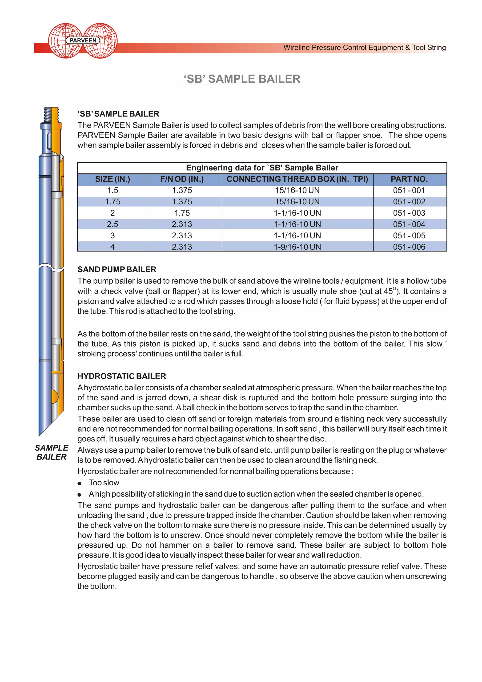 PARVEEN

Wireline Pressure Control Equipment & Tool String

‘SB’ SAMPLE BAILER
‘SB’ SAMPLE BAILER
The PARVEEN Sample Bailer is used to collect samples of debris from the well bore creating obstructions.
PARVEEN Sample Bailer are available in two basic designs with ball or flapper shoe. The shoe opens
when sample bailer assembly is forced in debris and closes when the sample bailer is forced out.

SIZE (IN.)
1.5
1.75
2
2.5
3
4

Engineering data for `SB' Sample Bailer
F/N OD (IN.)
CONNECTING THREAD BOX (IN. TPI)
1.375
15/16-10 UN
1.375
15/16-10 UN
1.75
1-1/16-10 UN
2.313
1-1/16-10 UN
2.313
1-1/16-10 UN
2.313
1-9/16-10 UN

PART NO.
051 - 001
051 - 002
051 - 003
051 - 004
051 - 005
051 - 006

SAND PUMP BAILER
The pump bailer is used to remove the bulk of sand above the wireline tools / equipment. It is a hollow tube
with a check valve (ball or flapper) at its lower end, which is usually mule shoe (cut at 45O). It contains a
piston and valve attached to a rod which passes through a loose hold ( for fluid bypass) at the upper end of
the tube. This rod is attached to the tool string.
As the bottom of the bailer rests on the sand, the weight of the tool string pushes the piston to the bottom of
the tube. As this piston is picked up, it sucks sand and debris into the bottom of the bailer. This slow '
stroking process' continues until the bailer is full.

SAMPLE
BAILER

HYDROSTATIC BAILER
A hydrostatic bailer consists of a chamber sealed at atmospheric pressure. When the bailer reaches the top
of the sand and is jarred down, a shear disk is ruptured and the bottom hole pressure surging into the
chamber sucks up the sand. A ball check in the bottom serves to trap the sand in the chamber.
These bailer are used to clean off sand or foreign materials from around a fishing neck very successfully
and are not recommended for normal bailing operations. In soft sand , this bailer will bury itself each time it
goes off. It usually requires a hard object against which to shear the disc.
Always use a pump bailer to remove the bulk of sand etc. until pump bailer is resting on the plug or whatever
is to be removed. A hydrostatic bailer can then be used to clean around the fishing neck.
Hydrostatic bailer are not recommended for normal bailing operations because :
! Too slow
! A high possibility of sticking in the sand due to suction action when the sealed chamber is opened.
The sand pumps and hydrostatic bailer can be dangerous after pulling them to the surface and when
unloading the sand , due to pressure trapped inside the chamber. Caution should be taken when removing
the check valve on the bottom to make sure there is no pressure inside. This can be determined usually by
how hard the bottom is to unscrew. Once should never completely remove the bottom while the bailer is
pressured up. Do not hammer on a bailer to remove sand. These bailer are subject to bottom hole
pressure. It is good idea to visually inspect these bailer for wear and wall reduction.
Hydrostatic bailer have pressure relief valves, and some have an automatic pressure relief valve. These
become plugged easily and can be dangerous to handle , so observe the above caution when unscrewing
the bottom.

 