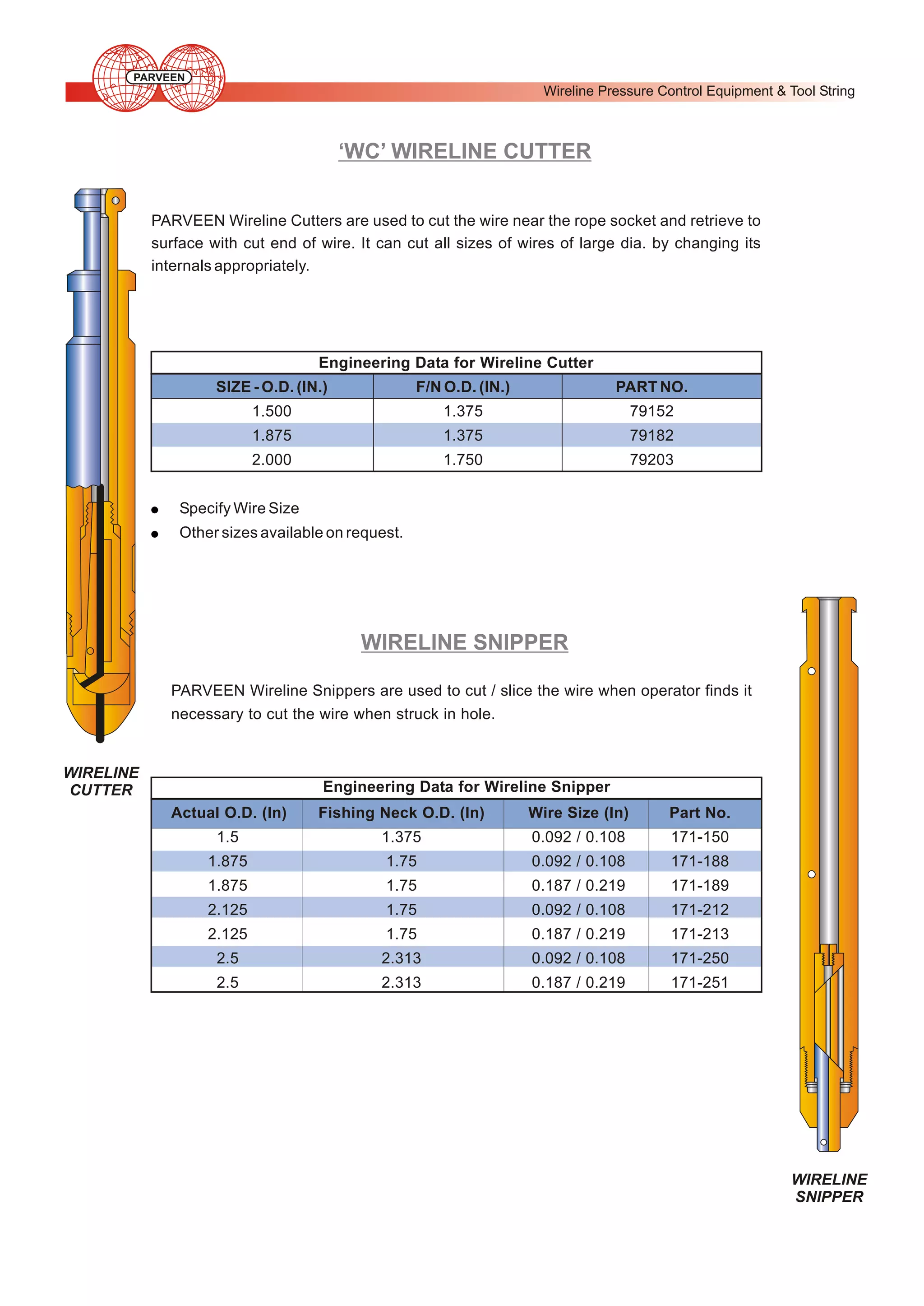 PARVEEN

Wireline Pressure Control Equipment & Tool String

‘WC’ WIRELINE CUTTER
PARVEEN Wireline Cutters are used to cut the wire near the rope socket and retrieve to
surface with cut end of wire. It can cut all sizes of wires of large dia. by changing its
internals appropriately.

Engineering Data for Wireline Cutter
SIZE - O.D. (IN.)

F/N O.D. (IN.)

PART NO.

1.500

1.375

79152

1.875

!
!

1.375

79182

2.000

1.750

79203

Specify Wire Size
Other sizes available on request.

WIRELINE SNIPPER
PARVEEN Wireline Snippers are used to cut / slice the wire when operator finds it
necessary to cut the wire when struck in hole.

WIRELINE
CUTTER

Engineering Data for Wireline Snipper
Actual O.D. (In)

Fishing Neck O.D. (In)

Wire Size (In)

Part No.

1.5

1.375

0.092 / 0.108

171-150

1.875

1.75

0.092 / 0.108

171-188

1.875

1.75

0.187 / 0.219

171-189

2.125

1.75

0.092 / 0.108

171-212

2.125

1.75

0.187 / 0.219

171-213

2.5

2.313

0.092 / 0.108

171-250

2.5

2.313

0.187 / 0.219

171-251

WIRELINE
SNIPPER

 
