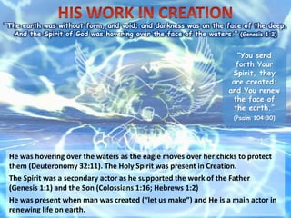 “The earth was without form, and void; and darkness was on the face of the deep.
And the Spirit of God was hovering over the face of the waters.” (Genesis 1:2)
He was hovering over the waters as the eagle moves over her chicks to protect
them (Deuteronomy 32:11). The Holy Spirit was present in Creation.
The Spirit was a secondary actor as he supported the work of the Father
(Genesis 1:1) and the Son (Colossians 1:16; Hebrews 1:2)
He was present when man was created (“let us make”) and He is a main actor in
renewing life on earth.
“You send
forth Your
Spirit, they
are created;
and You renew
the face of
the earth.”
(Psalm 104:30)
 