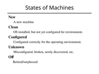 States of Machines
New
A new machine
Clean
OS installed, but not yet configured for environment.
Configured
Configured correctly for the operating environment.
Unknown
Misconfigured, broken, newly discovered, etc.
Off
Retired/surplussed
 