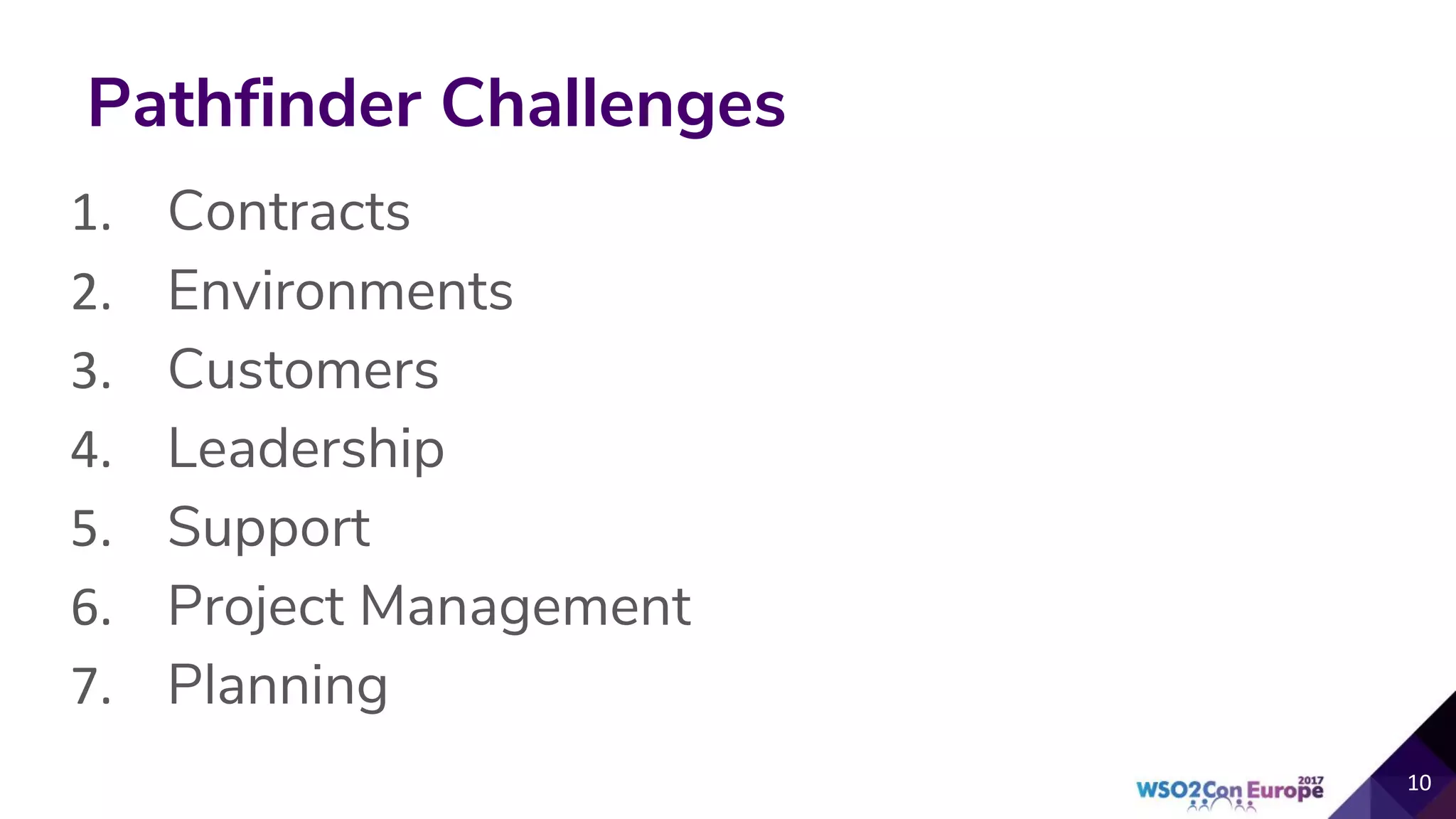 Pathfinder Challenges
1. Contracts
2. Environments
3. Customers
4. Leadership
5. Support
6. Project Management
7. Planning
10
 