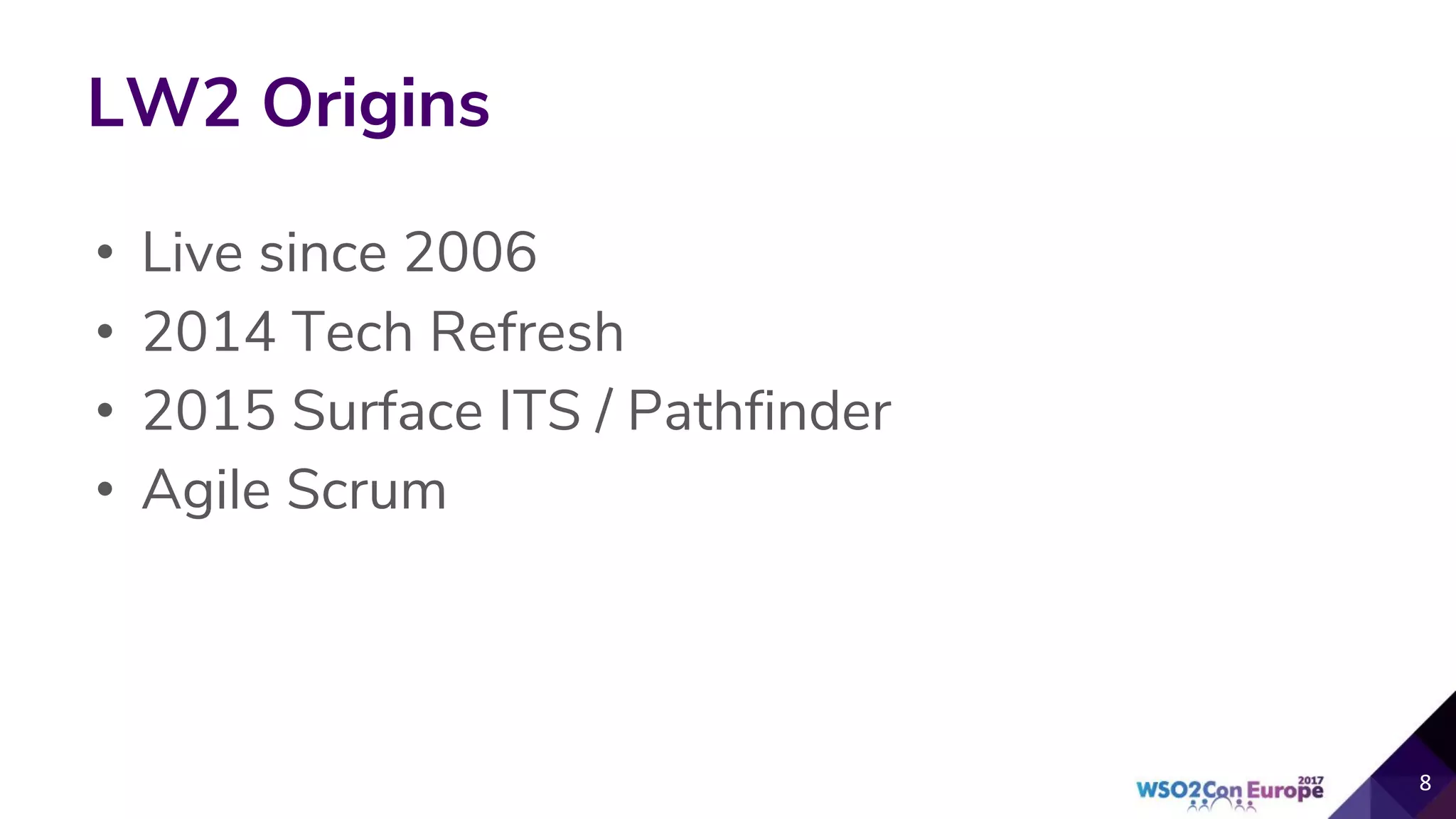LW2 Origins
• Live since 2006
• 2014 Tech Refresh
• 2015 Surface ITS / Pathfinder
• Agile Scrum
8
 
