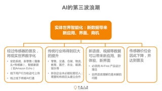 AI的第三波浪潮
实体世界智能化：新数据带来
新应用、界面、商机
传统行业将得到巨大
的提升
• 零售、交通、仓储、物流、
教育、医疗、农业、能源、
娱乐等
• 新创企业未必能轻易切入；
需要和传统巨头建立合作
经过传感器的普及，
将现实世界数字化
• 安防系统、新零售（摄像
头+传感器）、智能家居
（如Amazon Echo）
• 线下用户行为轨迹可上传
• 线上线下将被AI打通
新语音、视频等数据
可以带来新应用、新
体验、新界面
• 必须用 AI-First 产品设计
理念
• 自然语言理解仍是未解的
问题
传感器价位会
因此下降，并
达到普及
 