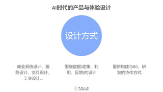 商业系统设计、服
务设计、交互设计、
工业设计…
围绕数据(收集、利
用、反馈)的设计
重新构建与BD、研
发的协作方式
设计方式
AI时代的产品与体验设计
 