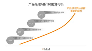 第三波：实体世界智能
第二波：商业智能化
第一波：互联网智能化
第四波：全自动智能化
1998
2004
2011
2015
产品经理/设计师的危与机
产品设计开始发挥
重要影响力
 