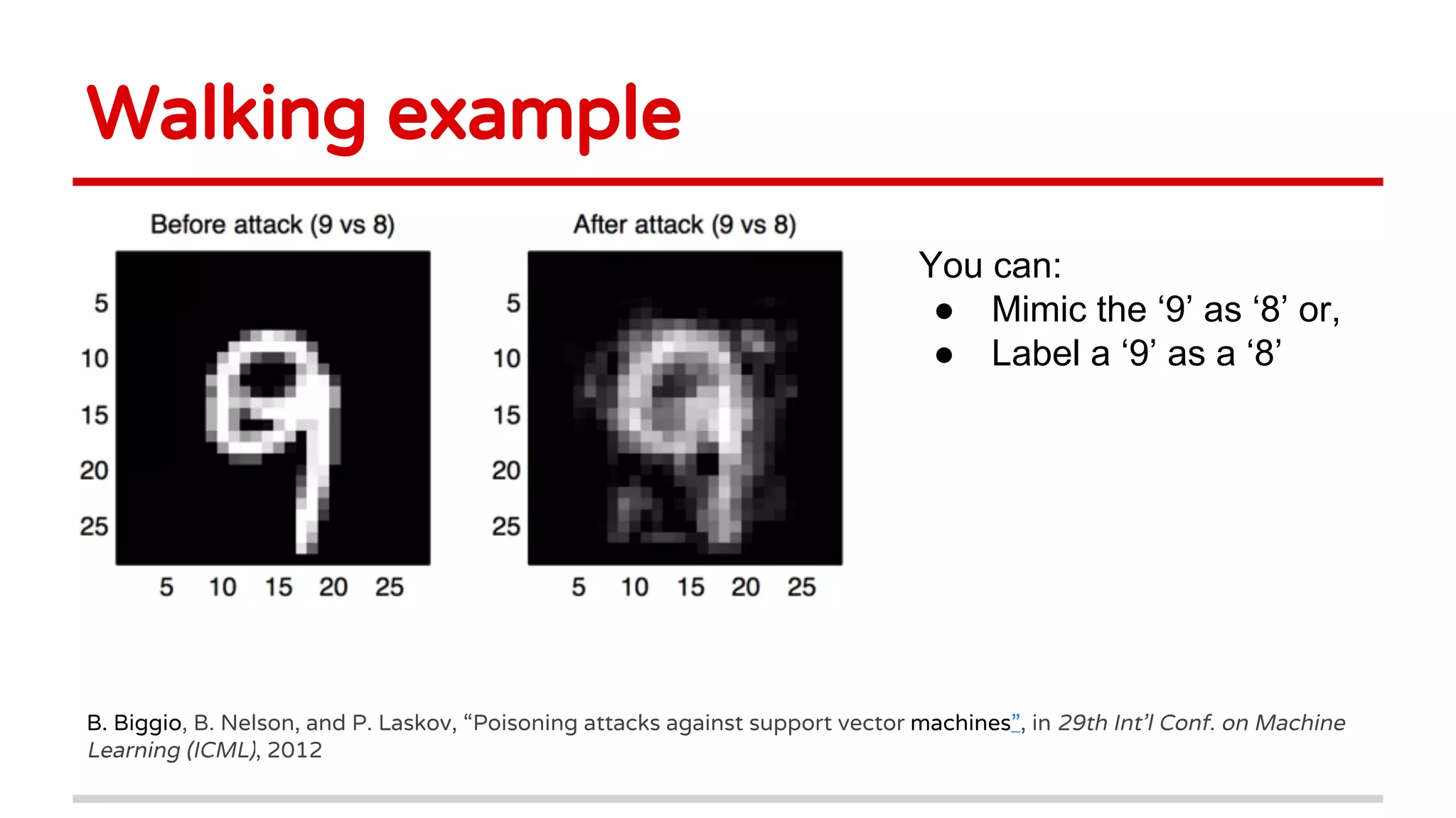 Walking example
B. Biggio, B. Nelson, and P. Laskov, “Poisoning attacks against support vector machines”, in 29th Int'l Conf. on Machine
Learning (ICML), 2012
You can:
● Mimic the ‘9’ as ‘8’ or,
● Label a ‘9’ as a ‘8’
 