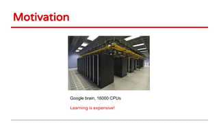 Google brain, 16000 CPUs
Learning is expensive!
Motivation
 