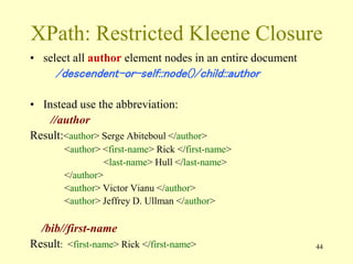 44
XPath: Restricted Kleene Closure
• select all author element nodes in an entire document
/descendent-or-self::node()/child::author
• Instead use the abbreviation:
//author
Result:<author> Serge Abiteboul </author>
<author> <first-name> Rick </first-name>
<last-name> Hull </last-name>
</author>
<author> Victor Vianu </author>
<author> Jeffrey D. Ullman </author>
/bib//first-name
Result: <first-name> Rick </first-name>
 