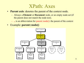 XPath: Axes
• Parent axis: denotes the parent of the context node.
– Always a Element or Document node, or an empty node-set (if
the parent does not match the node test).
– .. is an abbreviation for parent::node(): the parent of the context
• Example: parent::node()
31
 