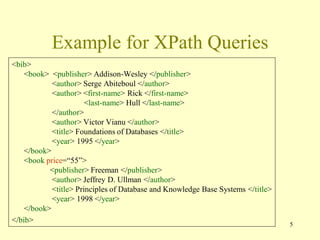 5
Example for XPath Queries
<bib>
<book> <publisher> Addison-Wesley </publisher>
<author> Serge Abiteboul </author>
<author> <first-name> Rick </first-name>
<last-name> Hull </last-name>
</author>
<author> Victor Vianu </author>
<title> Foundations of Databases </title>
<year> 1995 </year>
</book>
<book price=“55”>
<publisher> Freeman </publisher>
<author> Jeffrey D. Ullman </author>
<title> Principles of Database and Knowledge Base Systems </title>
<year> 1998 </year>
</book>
</bib>
<bib>
<book> <publisher> Addison-Wesley </publisher>
<author> Serge Abiteboul </author>
<author> <first-name> Rick </first-name>
<last-name> Hull </last-name>
</author>
<author> Victor Vianu </author>
<title> Foundations of Databases </title>
<year> 1995 </year>
</book>
<book price=“55”>
<publisher> Freeman </publisher>
<author> Jeffrey D. Ullman </author>
<title> Principles of Database and Knowledge Base Systems </title>
<year> 1998 </year>
</book>
</bib>
 