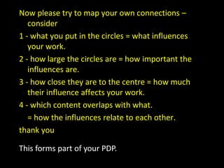 Now please try to map your own connections –
consider
1 - what you put in the circles = what influences
your work.
2 - how large the circles are = how important the
influences are.
3 - how close they are to the centre = how much
their influence affects your work.
4 - which content overlaps with what.
= how the influences relate to each other.
thank you
This forms part of your PDP.
 