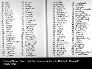 Richard Serra, "Verb List Compilation: Actions to Relate to Oneself"
[1967-1968]
 