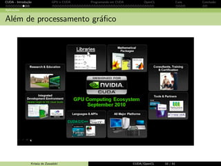 CUDA - Introdu¸c˜ao GPU e CUDA Programando em CUDA OpenCL Caos Conclus˜ao 
GPU’s com suporte para CUDA 
GPU’s com suporte para CUDA 
GeForce  8 
3 8, 9, 100, 200, 400, 500 e 
600-series (m´ın 256MB memloc) 
3 1.0, 1.1, 1.2, 1.3, 2.0, 2.1, 3.0, 
3.5 e 5.0 
GeForce GTX-750 (5.0) 
NVS 
3 Quadro 295, 420, 450 
3 NVIDIA NVS 300, 315, 510 
3 1.1, 1.2, 2.1 e 3.0 
NVIDIA NVS 510 (3.0) 
Krissia de Zawadzki CUDA/OpenCL 8 / 61 
 