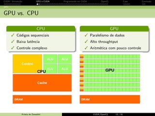 CUDA - Introdu¸c˜ao GPU e CUDA Programando em CUDA OpenCL Caos Conclus˜ao 
Aplica¸c˜oes 
Krissia de Zawadzki CUDA/OpenCL 11 / 61 
 