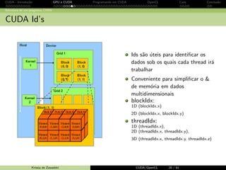 CUDA - Introdu¸c˜ao GPU e CUDA Programando em CUDA OpenCL Caos Conclus˜ao 
Estrutura de um programa CUDA 
CUDA Threads paralelas 
// de dados: Todas as threads rodam o mesmo codigo 
threadIdx: identi 