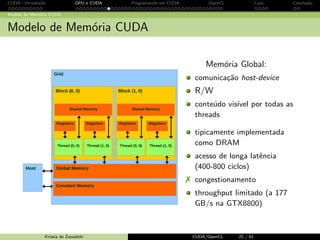 CUDA - Introdu¸c˜ao GPU e CUDA Programando em CUDA OpenCL Caos Conclus˜ao 
Estrutura de um programa CUDA 
CUDA Thread Blocks 
Thread Blocks: Array (dim 2x2) the threads que cooperam entre si 
bloco: memoria compartilhada, operac~oes at^omicas e 
barreiras de sincronizac~ao 
blockIdx: identi 