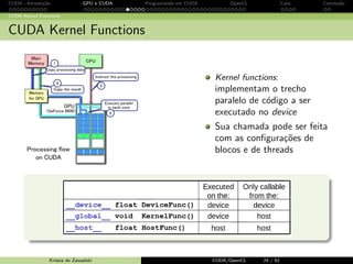CUDA - Introdu¸c˜ao GPU e CUDA Programando em CUDA OpenCL Caos Conclus˜ao 
Modelo de Mem´oria CUDA 
Modelo de Mem´oria CUDA 
Memoria Constante: 
read only 
baixa lat^encia e alta largura 
de banda quando todas as 
threadas acessam o mesmo 
local 
Krissia de Zawadzki CUDA/OpenCL 22 / 61 
 