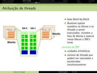 CUDA - Introdu¸c˜ao GPU e CUDA Programando em CUDA OpenCL Caos Conclus˜ao 
Modelo de Mem´oria CUDA 
Modelo de Mem´oria CUDA 
Memoria Compartilhada: 
3 rapida 
altamente paralela 
apenas um bloco tem acesso 
Krissia de Zawadzki CUDA/OpenCL 22 / 61 
 