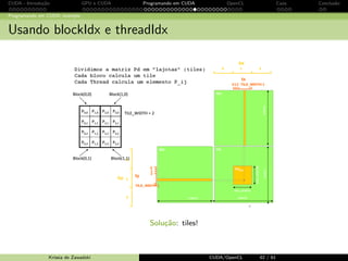 CUDA - Introdu¸c˜ao GPU e CUDA Programando em CUDA OpenCL Caos Conclus˜ao 
Programando em CUDA: exemplo 
Portando o c´odigo para CUDA - transfer^encia de dados 
cudaMemcpy() 
transfere dados entre o host 
e o device 
Assncrona 
par^ametros: 
ponteiro para o destino 
ponteiro para a fonte n´umero 
de bytes a serem copiados 
tipo de transfer^encia 
tipos: 
Host to Host 
Host to Device 
Device to Host 
Device to Device 
Krissia de Zawadzki CUDA/OpenCL 35 / 61 
 