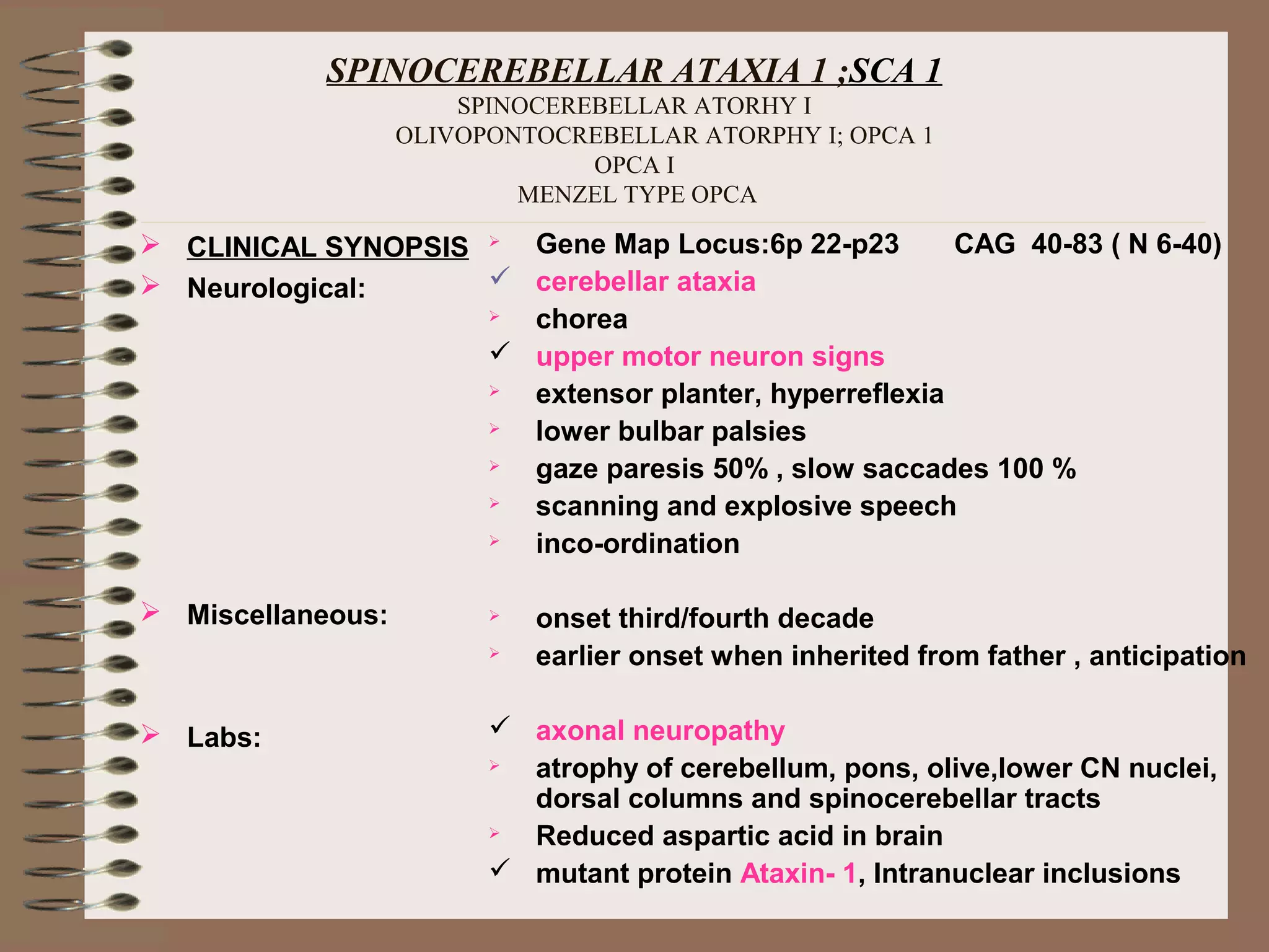 SPINOCEREBELLAR ATAXIA 1 ;SCA 1
SPINOCEREBELLAR ATORHY I
OLIVOPONTOCREBELLAR ATORPHY I; OPCA 1
OPCA I
MENZEL TYPE OPCA
 CLINICAL SYNOPSIS
 Neurological:
 Miscellaneous:
 Labs:
 Gene Map Locus:6p 22-p23 CAG 40-83 ( N 6-40)
 cerebellar ataxia
 chorea
 upper motor neuron signs
 extensor planter, hyperreflexia
 lower bulbar palsies
 gaze paresis 50% , slow saccades 100 %
 scanning and explosive speech
 inco-ordination
 onset third/fourth decade
 earlier onset when inherited from father , anticipation
 axonal neuropathy
 atrophy of cerebellum, pons, olive,lower CN nuclei,
dorsal columns and spinocerebellar tracts
 Reduced aspartic acid in brain
 mutant protein Ataxin- 1, Intranuclear inclusions
 