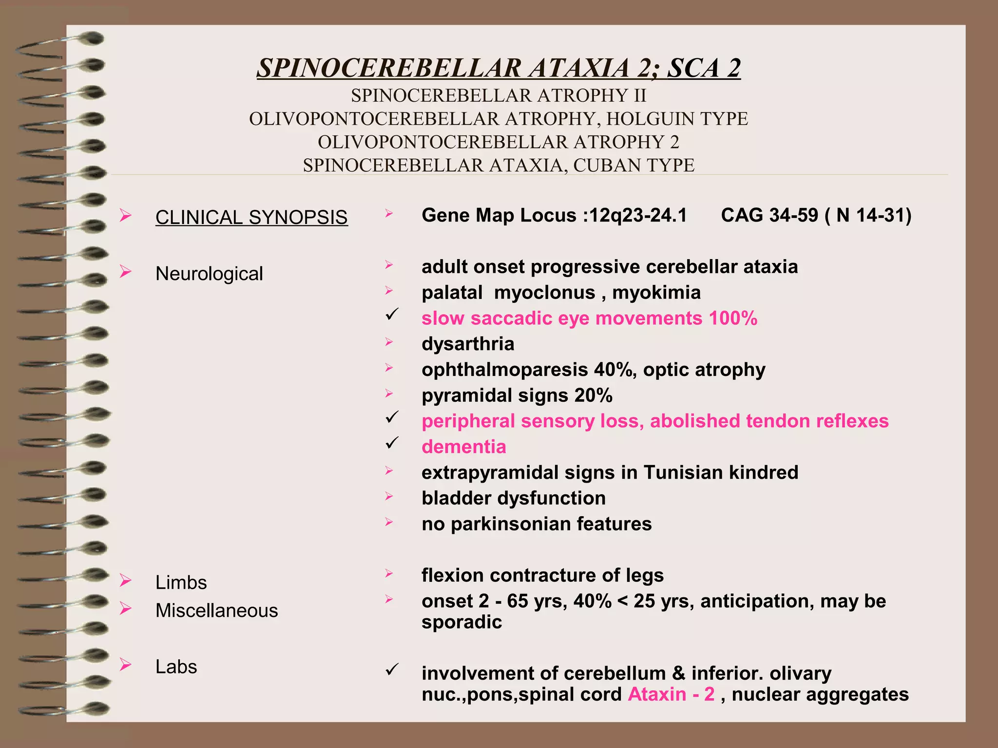 SPINOCEREBELLAR ATAXIA 2; SCA 2
SPINOCEREBELLAR ATROPHY II
OLIVOPONTOCEREBELLAR ATROPHY, HOLGUIN TYPE
OLIVOPONTOCEREBELLAR ATROPHY 2
SPINOCEREBELLAR ATAXIA, CUBAN TYPE
 CLINICAL SYNOPSIS
 Neurological
 Limbs
 Miscellaneous
 Labs
 Gene Map Locus :12q23-24.1 CAG 34-59 ( N 14-31)
 adult onset progressive cerebellar ataxia
 palatal myoclonus , myokimia
 slow saccadic eye movements 100%
 dysarthria
 ophthalmoparesis 40%, optic atrophy
 pyramidal signs 20%
 peripheral sensory loss, abolished tendon reflexes
 dementia
 extrapyramidal signs in Tunisian kindred
 bladder dysfunction
 no parkinsonian features
 flexion contracture of legs
 onset 2 - 65 yrs, 40% < 25 yrs, anticipation, may be
sporadic
 involvement of cerebellum & inferior. olivary
nuc.,pons,spinal cord Ataxin - 2 , nuclear aggregates
 