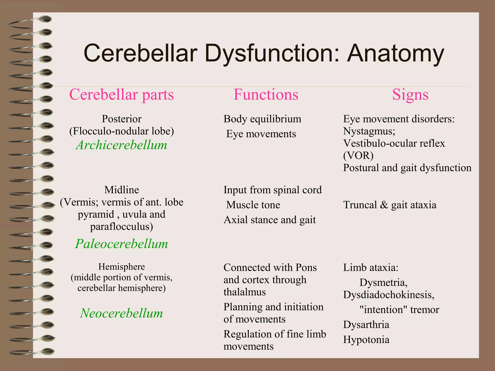 Cerebellar Dysfunction: Anatomy
Cerebellar parts Functions Signs
Posterior
(Flocculo-nodular lobe)
Archicerebellum
Body equilibrium
Eye movements
Eye movement disorders:
Nystagmus;
Vestibulo-ocular reflex
(VOR)
Postural and gait dysfunction
Midline
(Vermis; vermis of ant. lobe
pyramid , uvula and
paraflocculus)
Paleocerebellum
Input from spinal cord
Muscle tone
Axial stance and gait
Truncal & gait ataxia
Hemisphere
(middle portion of vermis,
cerebellar hemisphere)
Neocerebellum
Connected with Pons
and cortex through
thalalmus
Planning and initiation
of movements
Regulation of fine limb
movements
Limb ataxia:
Dysmetria,
Dysdiadochokinesis,
"intention" tremor
Dysarthria
Hypotonia
 