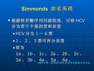Simmonds  命名系统 根据核苷酸序列同源程度，可将 HCV 分为若干个基因型和亚型 HCV 分为 1 ～ 6 型  1 、 2 、 3 型可再分亚型 即为 1a 、 1b 、 1c 、 2a 、 2b 、 2c 、 3a 、 3b 、 4a 、 5a 、 6a 。 1994 年第二届国际 HCV 及其相关病毒学术会议 