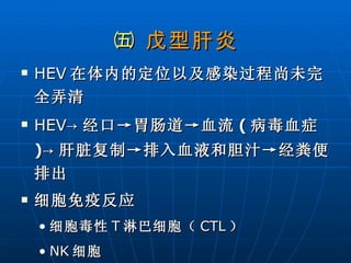 ㈤  戊型肝炎 HEV 在体内的定位以及感染过程尚未完全弄清 HEV -> 经口->胃肠道->血流 ( 病毒血症 )-> 肝脏复制->排入血液和胆汁->经粪便排出 细胞免疫反应 细胞毒性 T 淋巴细胞（ CTL ） NK 细胞 