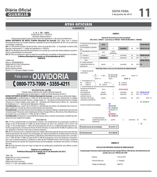 Diário Oficial
GUARUJÁ





11

sexta-feira




3 de janeiro de 2014

Atos oficiais


gabinete


L E I N.º 4.071.
(Projeto de Lei n.º 154/2013)
(Vereador Gilberto Benzi)
“Denomina Giselda Corrêa da Silva nome de logradouro e dá outras providências.”
MARIA ANTONIETA DE BRITO, Prefeita Municipal de Guarujá, faço saber que a Câmara
Municipal decretou em Sessão Ordinária, realizada no dia 03 de dezembro de 2013, e eu sanciono
e promulgo o seguinte:
Art. 1.º Denomina Giselda Corrêa da Silva, nome da atual Rua Dois – E, localizada no Bairro Sítio
Paecará, superquadra 11, código de logradouro n.º 062235.
Art. 2.º As despesas decorrentes da presente Lei correrão por conta das verbas próprias orçamentárias, suplementadas se necessário.
Art. 3.º Esta Lei entrará em vigor na data de sua publicação, revogadas as disposições em contrário.
Prefeitura Municipal de Guarujá, em 26 de dezembro de 2013.
PREFEITA
“SERIN”/rdl
Proc. nº 43529/98/2013.
Registrada no Livro Competente
“GAB”, em 26.12.2013
Renata Disaró Lacerda
Pront. nº 11.130, que a digitei e assino

Fale com a

Ouvidoria

0800-773-7000 • 3355-4211
D E C R E T O N.º 10.709.
“Dispõe sobre a abertura de crédito adicional especial,
autorizada pela Lei Municipal n.º 4.004, de 28 de fevereiro de 2013.”
MARIA ANTONIETA DE BRITO, Prefeita Municipal de Guarujá, no uso de suas atribuições legais;
Considerando a Lei Municipal n.º 4.004, de 28 de fevereiro de 2013, que reestruturou os órgãos
da Administração Municipal, dividiu o antigo órgão 25 – Secretaria de Desenvolvimento e Gestão
Urbana em 3 outros órgãos, quais sejam: 25 – Secretaria de Infraestrutura e Obras, 26 – Secretaria
de Habitação e 27 – Secretaria de Operações Urbanas;
Considerando que, a partir de 01/03/2013, a distribuição de valores nas dotações dos novos órgãos criados em virtude da reforma administrativa foi estimada;
Considerando o provável excesso de arrecadação nos repasses federal e estadual da cota parte da
Compensação Financeira sobre Exploração de Gás, Energia Elétrica, Óleo Bruto, Xisto Betuminoso
de acordo com a Lei Federal n.º 7.990, de 28/12/1989; e,
Considerando, finalmente, a necessidade de ajustes para a correta escrituração contábil das despesas em seus respectivos órgãos;
DECRETA:
Art. 1.º Fica suplementado ao orçamento corrente, com fundamento na autorização contida no
artigo 33 da Lei Municipal n.º 4.004, de 28 de fevereiro de 2013, em conjunto com o inciso I do
artigo 7.º da Lei Municipal n.º 3.993, de 05 de dezembro de 2012, o crédito adicional especial conforme programação constante do Anexo III deste Decreto, no valor de R$ 78.298,70 (setenta e oito
mil, duzentos e noventa e oito reais e setenta centavos).
Art. 2.º Os recursos para a suplementação do crédito adicional especial de que trata este Decreto
serão provenientes do excesso de arrecadação do repasse Estadual da Compensação Financeira
sobre Exploração de Gás, Energia Elétrica, Óleo Bruto, Xisto Betuminoso de acordo com a Lei Federal n.º 7.990, de 28/12/1989, no valor de R$ 55.298,70 (cinquenta e cinco mil, duzentos e noventa e
oito reais e setenta centavos), e Federal, no valor de R$ 23.000,00 (vinte e três mil reais), conforme
demonstrativos do Cálculo do Provável Excesso de Arrecadação, constantes dos Anexo I e II deste
Decreto.
Art. 3.º Este Decreto entra em vigor na data de sua publicação, produzindo seus efeitos a partir
de 27/12/2013.
Registre-se e publique-se.
Prefeitura Municipal de Guarujá, em 27 de dezembro de 2013.
PREFEITA
“ORÇ”/dll
Registrado no Livro Competente
“GAB”, em 27.12.2013
Débora de Lima Lourenço
Pront. n.º 11.901, que digitei e assino



ANEXO I
Cálculo do Provável Excesso de Arrecadação
CÓD. APLIC. 1000037 – Cota Parte Lei 7990/89 - FONTE DE RECURSO 5 - FEDERAL
A. Previsão da receita para o
exercício de:
B. Arrecadação no período
de:
C. Arrecadação no exercício
de:
C.1. Período 1:

2013

R$339.000,00
a

novembro

janeiro

assim
distribuída:
a

novembro

de

2012 R$283.435,30

dezembro

C.2. Período 2:

janeiro

a

dezembro

de

2012 R$ 17.063,70

2012

de

2013 R$342.331,69

R$300.499,00

Total
D. Crédito adicional
suplementar aberto no
período de:

janeiro

a

novembro

de

2013 R$

-

PROCESSO PARA O CÁLCULO DO EXCESSO DE ARRECADAÇÃO:
1 - Cálculo da taxa de
incremento:
B
R$ 342.331,69
x 100 =
C.1
R$ 283.435,30
120,78 %
100% =
2 - Arrecadação de C.2 x
R$
17.063,70
x
20,78 % =
=
R$
17.063,70
+
R$ 3.545,75
3 - Demonstração do cálculo do excesso de arrecadação:
Previsão de receita para o
2013
=
exercício de:
Arrecadação de:
janeiro
a
Arrecadação de:
dezembro
a
aplicada a taxa de
incremento da receita
janeiro
a
verificada no período de:

120,78 %

x 100 =
20,78 %
R$ 3.545,75
R$ 20.609,45
R$339.000,00
novembro
dezembro

de
de

2013 R$342.331,69
2012 R$ 17.063,70

novembro

de

2013

20,78 %

=

D. Crédito adicional
suplementar aberto no
período de:

Menos :

R$ 20.609,45

de

2013

R$
342.331,69
+ R$ 20.609,45
R$ 362.941,14
R$
339.000,00
R$ 23.941,14

Excesso provável de arrecadação:

Provável excesso de arrecadação:

janeiro

a







novembro

= R$


-

R$ 23.941,14

Arredondamento:

 

R$ 23.000,00





ANEXO II
CÁLCULO DO PROVÁVEL EXCESSO DE ARRECADAÇÃO
Compensação Financeira sobre Exploração de Gás, Energia Elétrica, Óleo Bruto, Xisto Betuminoso de
acordo com a Lei 7.990 de 28/12/89
Rubrica:

1722.22.30.01

Fonte de Recurso:

2 - Estadual

Código de Aplicação:

1000 037

Mês

Repasse em 2013

Janeiro

6.714,90

Fevereiro

7.280,26

 