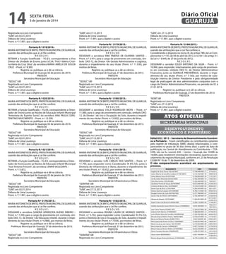 14

Diário Oficial
GUARUJÁ

sexta-feira

3 de janeiro de 2014

Registrada no Livro Competente
“GAB”, em 02.01.2014
Débora de Lima Lourenço
Pront. n.º 11.901, que a digitei e assino

“GAB”, em 27.12.2013
Débora de Lima Lourenço
Pront. n.º 11.901, que a digitei e assino

“GAB”, em 27.12.2013
Débora de Lima Lourenço
Pront. n.º 11.901, que a digitei e assino

Portaria N.º 019/2014.MARIA ANTONIETA DE BRITO, PREFEITA MUNICIPAL DE GUARUJÁ,
usando das atribuições que a Lei lhe confere;
RESOLVE:
RETIRAR a Função Gratificada – FG-E3, correspondente a Vice
Diretor de Unidade de Ensino junto à E.M. “Prof.ª Valéria Cristina Vieira da Cruz Silva”, da servidora MARIA AMÉLIA DE SOUZA
CRUZ – Pront. n.º 8.300.
Registre-se, publique-se e dê-se ciência.
Prefeitura Municipal de Guarujá, 02 de janeiro de 2014.
PREFEITA
Secretário Municipal de Educação
“SEDUC”/dll
Registrada no Livro Competente
“GAB”, em 02.01.2014
Débora de Lima Lourenço
Pront. n.º 11.901, que a digitei e assino

Portaria N.º 3179/2013.MARIA ANTONIETA DE BRITO, PREFEITA MUNICIPAL DE GUARUJÁ,
usando das atribuições que a Lei lhe confere,
RESOLVE:
DESIGNAR a servidora EMA TABOSA DE OLIVEIRA SANTOS –
Pront. n.º 3.914, para o cargo de provimento em comissão, símbolo DAS-12, de Diretor I de Gestão Administrativa e Logística,
durante o impedimento do seu titular (Pront. n.º 11.530), por
motivo de férias.
Registre-se, publique-se e dê-se ciência.
Prefeitura Municipal de Guarujá, 27 de dezembro de 2013.
PREFEITA
Secretário Municipal de Educação
“SEDUC”/dll
Registrada no Livro Competente
“GAB”, em 27.12.2013
Débora de Lima Lourenço
Pront. n.º 11.901, que a digitei e assino

Portaria N.º 020/2014.MARIA ANTONIETA DE BRITO, PREFEITA MUNICIPAL DE GUARUJÁ,
usando das atribuições que a Lei lhe confere;
RESOLVE:
RETIRAR a Função Gratificada – FG-E4, correspondente a Orientador de Ensino junto ao Núcleo de Educação Infantil Municipal
“Antonieta do Espírito Santo”, da servidora ANA PAULA CONSTANTINO NASCIMENTO – Pront. n.º 13.200.
Registre-se, publique-se e dê-se ciência.
Prefeitura Municipal de Guarujá, 02 de janeiro de 2014.
PREFEITA
Secretário Municipal de Educação
“SEDUC”/dll
Registrada no Livro Competente
“GAB”, em 02.01.2014
Débora de Lima Lourenço
Pront. n.º 11.901, que a digitei e assino

Portaria N.º 3180/2013.MARIA ANTONIETA DE BRITO, PREFEITA MUNICIPAL DE GUARUJÁ,
usando das atribuições que a Lei lhe confere,
RESOLVE:
DESIGNAR a servidora STELA RODRIGUES MOTA – Pront. n.º
11.080, para o cargo de provimento em comissão, símbolo DAS12, de Diretor I de Uso e Ocupação do Solo, durante o impedimento do seu titular (Pront. n.º 5.002), por motivo de férias.
Registre-se, publique-se e dê-se ciência.
Prefeitura Municipal de Guarujá, 27 de dezembro de 2013.
PREFEITA
Secretário Municipal de Educação
“SEDUC”/dll
Registrada no Livro Competente
“GAB”, em 27.12.2013
Débora de Lima Lourenço
Pront. n.º 11.901, que a digitei e assino

Portaria N.º 3184/2013.MARIA ANTONIETA DE BRITO, PREFEITA MUNICIPAL DE GUARUJÁ,
usando das atribuições que a Lei lhe confere; e,
Considerando o disposto no inciso XI, do artigo 789, da Lei Complementar n.º 135, de 04 de abril de 2012, e no §3.º, do artigo 3.º,
da Lei n.º 3.949, de 27 de junho de 2012;
RESOLVE:
DESIGNAR o servidor EDLER ANTONIO DA SILVA – Pront. n.º
16.946, para responder, interinamente, pelo cargo de provimento em comissão, símbolo DAS-12, de Diretor Administrativo/
Financeiro, junto ao GUARUJÁ PREVIDÊNCIA, durante o impedimento do seu titular (Pront. n.º 7.130), por motivo de substituição interina de Diretor Presidente e pela obrigatoriedade
legal de praticagem de atos administrativos conjuntos com o
cargo de Diretor Administrativo/Financeiro, no período de 02 à
21.01.2014.
Registre-se, publique-se e dê-se ciência.
Prefeitura Municipal de Guarujá, 27 de dezembro de 2013.
PREFEITA
“ADM”/dll
Registrada no Livro Competente
“GAB”, em 27.12.2013
Débora de Lima Lourenço
Pront. n.º 11.901, que a digitei e assino

Portaria N.º 021/2014.MARIA ANTONIETA DE BRITO, PREFEITA MUNICIPAL DE GUARUJÁ,
usando das atribuições que a Lei lhe confere;
RESOLVE:
RETIRAR a Função Gratificada – FG-E4, correspondente a Orientador de Ensino junto ao Núcleo de Educação Infantil Municipal
“José Antonio Ferranti”, da servidora LENIRA VICECONTE –
Pront. n.º 15.872.
Registre-se, publique-se e dê-se ciência.
Prefeitura Municipal de Guarujá, 02 de janeiro de 2014.
PREFEITA
Secretário Municipal de Educação
“SEDUC”/dll
Registrada no Livro Competente
“GAB”, em 02.01.2014
Débora de Lima Lourenço
Pront. n.º 11.901, que a digitei e assino

Portaria N.º 3181/2013.MARIA ANTONIETA DE BRITO, PREFEITA MUNICIPAL DE GUARUJÁ,
usando das atribuições que a Lei lhe confere,
RESOLVE:
DESIGNAR o servidor LUÍS CARLOS DOS SANTOS – Pront. n.º
11.793, para responder como Coordenador III (FG-S3), junto à
Diretoria de Infraestrutura e Obras, durante o impedimento do
seu titular (Pront. n.º 10.952), por motivo de férias.
Registre-se, publique-se e dê-se ciência.
Prefeitura Municipal de Guarujá, 27 de dezembro de 2013.
PREFEITA
Secretário Municipal de Infraestrutura e Obras
“SEINFRA”/dll
Registrada no Livro Competente
“GAB”, em 27.12.2013
Débora de Lima Lourenço
Pront. n.º 11.901, que a digitei e assino

Portaria N.º 3178/2013.MARIA ANTONIETA DE BRITO, PREFEITA MUNICIPAL DE GUARUJÁ,
usando das atribuições que a Lei lhe confere,
RESOLVE:
DESIGNAR a servidora SANDRA APARECIDA BUENO RIBEIRO –
Pront. n.º 7.399, para o cargo de provimento em comissão, símbolo DAS-12, de Diretor I de Educação Infantil, durante o impedimento do seu titular (Pront. n.º 6.406), por motivo de férias.
Registre-se, publique-se e dê-se ciência.
Prefeitura Municipal de Guarujá, 27 de dezembro de 2013.
PREFEITA
Secretário Municipal de Educação
“SEDUC”/dll
Registrada no Livro Competente

Portaria N.º 3182/2013.MARIA ANTONIETA DE BRITO, PREFEITA MUNICIPAL DE GUARUJÁ,
usando das atribuições que a Lei lhe confere,
RESOLVE:
DESIGNAR a servidora REGINA LAURA DE MORAES SANTOS –
Pront. n.º 5.702, para responder como Coordenador III (FG-S3),
junto à Diretoria de Uso e Ocupação do Solo, durante o impedimento do seu titular (Pront. n.º 7.056), por motivo de férias.
Registre-se, publique-se e dê-se ciência.
Prefeitura Municipal de Guarujá, 27 de dezembro de 2013.
PREFEITA
Secretário Municipal de Infraestrutura e Obras
“SEINFRA”/dll
Registrada no Livro Competente

Atos oficiais
secretarias municipais
desenvolvimento
econômico e portuário
Edital 032 / 2013 – Secretaria de Desenvolvimento Econômico e Portuário – Ficam cientificados os contribuintes optantes
pelo regime de tributação SIMEI, abaixo relacionados, a comparecerem no prazo de 30 dias (trinta dias) a partir da data de
publicação, na Central de Atendimento ao Contribuinte – CEACON, sito na Av. Leomil, 630 – Centro – Guarujá, das 10:00h às
16:00h, para receberem orientações necessárias, quanto ao cancelamento do registro Municipal, conforme art. 25 da Resolução
CGSIM Nº 16 de 17 de dezembro de 2009.
O não comparecimento acarretará em arquivamento do
processo.
REQUERENTE
Angelica de Jesus Sousa 37672075837
Carlos Alberto de Carvalho Cardoso 07108106876
Carlos Alberto Pena 34749737895
Cecilia Juliare Morando 02533372828
Cilea Silva Gomes 27092902860
Claudiana Pereira de Souza 26478789861
Cristiane de Barros Silva 16234966837
Daniel Leao da Silva 72726270859
Debora Quirina Scarparo 30533083800
Douglas Santos da Costa 36073627858
Gerson Dias de Oliveira 24876380953

CNPJ
17.198.948/0001-11
12.144.763/0001-95
13.760.804/0001-30
13.782.349/0001-74
13.326.446/0001-52
16.815.890/0001-20
14.510.673/0001-04
13.285.959/0001-62
16.786.513/0001-00
12.277.788/0001-67
12.185.398/0001-67

Gilmara do Rosario 16232344847

11.924.491/0001-83

Izabel Cristina de Oliveira 01843957809

13.500.110/0001-64

Itanilde Aparecida Soares Moreira Souza 25394883823

14.870.304/0001-14

Joao Carlos Teixeira 02346011835
Jolianne Keth Martins 37356904837
Lucia Oliveira Vieira de Carvalho 33818002568
Marcelo Drayne Ribeiro Pereira 10859235840
Marcio de Oliveira Teixeira 32389177816
Maria Aparecida Pereira da Silva 13383066851
Maria Conceicao dos Santos 16614454897
Maria Isabel de Santana 32608904831
Mezcal Huascar Merino Molina 25749280837
Otavio Cassiano Mendes 07680020876

17.330.637/0001-49
17.288.660/0001-12
17.249.782/0001-08
13.795.675/0001-16
13.627.409/001-84
13.636.853/0001-66
12.319.925/0001-89
12.837.724/0001-73
16.623.230/0001-47
11.658.437/0001-33

Otavio Xavier 88585069872

12.667.764/0001-14

Paloma Borges Pereira de Moraes 37393935805

16.779.414/0001-09

PROCESSO
3774/2013
18689/2010
17101/2011
17365/2011
7649/2011
27269/2012
30926/2011
5821/2011
39364/2012
21939/2010
27249/2010
34173/2011
22596/2010
11749/2011
7806/2013
1907/2012
39394/2012
37739/2012
36656/2012
17710/2011
21823/2011
14820/2011
22853/2013
31578/2010
22568/2012
12472/2010
22369/2013
21566/2013
1357/2013

 