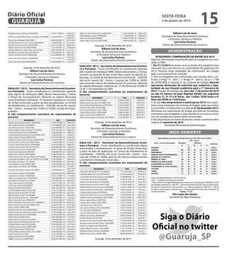 Diário Oficial
GUARUJÁ

15

sexta-feira

3 de janeiro de 2014

Reginaldo Alves de Oliveira 27854266816

11.618.411/0001-61

Renata Conceicao Ribeiro Aquino de Oliveira 22228103888

12.249.820/0001-14

Renata Garcia Miranda 28320704855
Ricardo Alcantara Costa Lan House 26861684805
Ricardo Gomes dos Santos 25637081840
Roberto de Lima Ferreira 05821604800
Rodrigo Albano dos Santos Abreu 22563191807
Ronaldo da Conceicao Mota 39353491819
Sandro de Moraes Duarte 25680022800

12.863.856/0001-70
11.168.656/0001-14
12.341.531/0001-27
11.974.785/0001-10
14.005.198/0001-00
13.781.065/0001-63
13.572.080/0001-00

Sandro Honorio de Oliveira 10838434860

17.275.733/0001-31

Stefany dos Anjos Rocha 40087690802

14.900.056/0001-07

6303/2010
17953/2013
35656/2012
32514/2010
5473/2010
20920/2010
15258/2010
21137/2011
18631/2011
12905/2011
11693/2013
37152/2012
2219/2012

Guarujá, 10 de dezembro de 2013.
Adilson Luiz de Jesus
Secretário de Desenvolvimento Econômico
e Portuário, Serviços e Indústria
Luiz Carlos Pacheco
Diretor de Desenvolvimento do Comércio
Edital 033 / 2013 – Secretaria de Desenvolvimento Econômico e Portuário – Ficam cientificados os contribuintes optantes
pelo regime de tributação SIMEI, abaixo relacionados, a retirar
o “Alvará de Funcionamento”, referente ao registro Municipal
como Empresário Individual – EI, devendo comparecer, no prazo
de 30 dias (trinta dias) a partir da data de publicação, na Central
de Atendimento ao Contribuinte – CEACON, sito na Av. Leomil,
630 – Centro – Guarujá, das 10:00h às 16:00h, na Sala do Empreendedor.
O não comparecimento acarretará em arquivamento do
processo.
REQUERENTE
Adelia Gomes de Oliveira Brito 73026344834
Alan de Matos Oliveira 27183059839
Assis Barbosa de Lima 13383707822
Barbara Regina Pereira de Araujo 37471496851
Camila de Santana Kramp 34205698828
Camila Patricio dos Santos da Camara 36839147851
Carlos Lopes de Oliveira 04885274818
Cibele dos Santos Santana da Silva 36000921896
Francisco Alves Soares Junior 26963333866
Francisco Nicezo Rosa Martins 27462098881
Francisco Xavier Moura Filho 92775691820
Genival Xavier de Sousa 19932473863
Gesiel Cristian Bezerra 28237805801
Gisele Silva Cavalcante 29970789899
Gislaine Nascimento de Souza Backes 39477342807
Irani Aparecida Ribeiro Gomes de Oliveira 27301104880
Ivan Carlos dos Santos 15917234850
Ivan Napoleao da Silva 26698379808
Jailson Santos de Oliveira 18973803808

CNPJ
17.239.748/0001-44
17.977.680/0001-09
12.344.080/0001-81
17.637.933/0001-97
17.620.026/0001-35
17.566.054/0001-11
17.447.027/0001-20
17.919.516/0001-37
17.728.095/0001-67
17.816.970/0001-62
14.420.998/0001-98
16.924.141/0001-30
17.788.960/0001-60
17.880.786/0001-81
17.889.856/0001-62
14.545.250/0001-11
17.650.404/0001-23
17.482.330/0001-63
13.308.733/0001-30

Jhonatas Vasconcelos Feitoza 22261594879

12.648.866/0001-92

Joao Costa dos Santos 97185060800
Joao Edson de Oliveira 16959565839
Joildo Conceicao de Jesus 75404320559
Jose Batista de Oliveira 12147190829
Jose Cicero da Silva 97163325800
Julio Cesar Guissoni 08292408703
Leandro do Prado 03555654985
Leonardo Marinari Neto 07720241894
Marcelo Lemes da Silva 09772315858
Marcelo Morini Dovalo 22247684866
Marcio Henrique de Moraes 13406729878
Marcio Santos de Franca 22684525811
Marcos Alexandre de Jesus Honorio 31346096813
Maria Conceicao de Azevedo 09384817899
Nilson Pinheiro 10830515801
Nivaldo Ferreira de Souza 03344048600
Pedro Henrique Nascimento dos Anjos 36422307845
Rafael Santana dos Santo 33043466861
Rafael Timoteo 06466616630
Raquel Moura de Souza 42102276848
Renata Giacometti Rodriguez 08516771857
Rodrigo Batista Ferreira 05563325989
Sebastiao Gomes Soares 07086723886
Sergio Teixeira Calvao 57228221834
Thomas Wallace Santos da Silva 42757176862
Valdir Ferreira de Franca ME
Vergilio Evaristo Faria 02300205858
Wagner Silva da Cruz 28536792841

12.666.687/0001-88
17.874.137/0001-78
17.881.604/0001-97
17.723.397/0001-42
17.950.737/0001-78
17.233.489/0001-44
17.481.291/0001-80
13.155.517/0001-00
13.095.341/0001-30
15.767.564/0001-21
17.979.008/0001-44
14.533.617/0001-87
14.278.307/0001-63
12.738.561/0001-71
16.695.323/0001-87
13.508.273/0001-93
17.919.819/0001-50
17.750.195/0001-90
17.891.609/0001-09
17.669.082/0001-64
17.978.269/0001-40
17.943.569/0001-93
17.227.346/0001-20
17.711.267/0001-90
12.424.459/0001-00
13.523.226/0001-19
14.127.812/0001-07
18.006.451/0001-00

PROCESSO
37849/2012
13367/2013
28217/2010
6602/2013
5986/2013
5390/2013
4576/2013
11484/2013
20119/2013
9686/2013
12263/2012
29942/2012
9608/2013
10830/2013
11038/2013
32569/2012
6445/2013
20973/2013
7625/2011
33441/2010
2652/2011
33880/2010
11114/2013
11014/2013
8665/2013
14211/2013
39121/2012
12642/2013
4952/2011
4631/2011
19385/2012
12425/2013
31596/2011
25834/2011
33147/2010
25109/2012
11826/2013
15661/2013
8223/2013
11159/2013
6831/2013
12354/2013
11977/2013
37872/2012
7849/2013
28310/2010
5549/2013
37344/2011
12931/2013

Walter de Castro Vieira Junior 16238363878
Willian Batista de Jesus 31698669828
Wilson do Amaral 09793068841
Wilson Tadeu de Oliveira 04897395801

15.256.250/0001-64
17.738.694/0001-61
13.089.427/0001-50
12.864.942/0001-05

Guarujá, 10 de dezembro de 2013.
Adilson Luiz de Jesus
Secretário de Desenvolvimento Econômico
e Portuário, Serviços e Indústria
Luiz Carlos Pacheco
Diretor de Desenvolvimento do Comércio

administração

Edital 034 / 2013 – Secretaria de Desenvolvimento Econômico e Portuário – Ficam cientificados os contribuintes optantes
pelo regime de tributação SIMEI, abaixo relacionados, a comparecerem no prazo de 30 dias (trinta dias) a partir da data de publicação, na Central de Atendimento ao Contribuinte – CEACON,
sito na Av. Leomil, 630 – Centro – Guarujá, das 10:00h às 16:00h,
para tomarem ciência do indeferimento do processo, referente
ao registro Municipal, conforme art. 25 da Resolução CGSIM Nº
16 de 17 de dezembro de 2009.
O não comparecimento acarretará em arquivamento do
processo.
REQUERENTE
Ademir Oliveira da Cruz 22072146801
Albertina da Rocha Germano 36086317801
Aurora Maria Madrid Marchena 22787612857
Edmundo dos Santos 26178572808
Ernesto Kyoiti Mitsuishi 20331134853
Jailson Ribeiro da Silva 16693013899
Karine Sousa da Silva 41883877857
Kelly Cristina Augusta de Andrade 26513508851

CNPJ
14.901.641/0001-21
12.763.610/0001-26
13.424.434/0001-60
12.529.072/0001-00
13.874.442/0001-09
15.868.143/0001-97
13.769.363/0001-38
12.350.389/0001-84

PROCESSO
7267/2012
34954/2010
11747/2011
29805/2010
19633/2011
26185/2012
28057/2011
28228/2010

Guarujá, 10 de dezembro de 2013.
Adilson Luiz de Jesus
Secretário de Desenvolvimento Econômico
e Portuário, Serviços e Indústria
Luiz Carlos Pacheco
Diretor de Desenvolvimento do Comércio

ESTAGIÁRIOS: COMPROVAÇÃO DE MATRÍCULA 2014
Algumas informações importantes para os estagiários em atividade na PMG:
1. Em 31/12/2013 encerram-se os contratos dos estagiários que
concluem seu curso (técnico ou universitário) de graduação em
2013. Portanto estão impedidos de continuarem seu estágio
após o encerramento do contrato.
2. Para os estagiários que continuarão com contrato ativo, conforme o Artigo 3º - item 1 e Artigo 9º - item 6, da Lei 11.788
de 25/09/2008, e Cláusula 5º do Contrato de Estágio, deverão
apresentar declaração de matrícula que comprove a regularidade de sua situação acadêmica para o 1º Semestre de
2014. O prazo de entrega será até o dia 17 de janeiro de 2014
na sala 33 (térreo) do paço Raphael Vitiello nos seguintes
horários: 2ª, 3ª, 5ª e 6ª feiras, das 12:00as 16:00 horas e 4ª
feira, das 09:00 as 13:00 horas.
3. Os que não comprovarem a matrícula em 2014, nos respectivos cursos constantes do Contrato de Estágio, terão seu contrato rescindido considerando-se a data de 31 de dezembro 2013.
Alertamos aos supervisores de estágio das diversas Secretarias,
orientarem seus estagiários e, para aqueles já em recesso, entrarem em contato para alertar deste comunicado.
4. Nas declarações de matrícula deverá constar a matrícula efetivada no 1º semestre de 2014.
Secretaria Municipal de Administração

meio ambiente
��������������	���	������	��	�������	����������	����������	���	����������

Edital 035 / 2013 – Secretaria de Desenvolvimento Econômico e Portuário – Ficam cientificados os contribuintes abaixo
relacionados a comparecerem, no prazo de 30 dias (trinta dias)
a partir da data de publicação, na Central de Atendimento ao
Contribuinte – CEACON, sito na Av. Leomil, 630 – Centro – Guarujá, das 10:00h às 16:00h, para fins de ciência, esclarecimentos
e receberem orientações necessárias.
O não comparecimento acarretará em arquivamento do
processo.
REQUERENTE

Adilson Luiz de Jesus
Secretário de Desenvolvimento Econômico
e Portuário, Serviços e Indústria
Luiz Carlos Pacheco
Diretor de Desenvolvimento do Comércio

10601/2012
8485/2013
4624/2011
536/2011

!	"#$	�	���	��
�����	�	�����	��	������� ��

&�'�����
��

,�-.�&��

(�)�����
��

�*

�+

��

!!
%��������

/

�*

/

/

4��

���

��5

��*

�4

,�1�01���

�2.&�6�"$-

�4

��

�+

��

�7

��01���

2&82�(�	928:.;	(2	�2.&�6�"$-<

7�

��

��

�+

��

��01���

2&82�(�	9�=;	�:�>&:,$�<

7�

5�

��

��

��

��01���

���

��

�7

��

�4

��01���

2&82�(�	9�=;	8�&:�	6�.,�<

��

��

��

�5

��

��01���

�,:�&�"2,.�8	9�=;	�"��,8,<

���

5�

+�

��

�+

��01���

�,:�&�"2,.�8	9.;	8,�=�	=���(@-<

��+

+*

��

��

�+

��01���

���

�4

��

��

��

��01���

�2.2%"3

2&82�(�	9.;	$?,�2<

��01���

CNPJ

PROCESSO

�8:A.,�8

Alessandra Olimpio da Silva 42329602871

17.221.829/0001-17

37838/2012

:-6�-

*�

��

��

��

��

��01���

Cleonildo Ribeiro da Cunha 50976249472

12.738.534/0001-07

34425/2010

�"�,A��

��

�5

��

��

��

��01���

Creusa Maria Damaceno de Jesus 52263690506

13.290.089/0001-10

7611/2011

Cristina Vitor dos Santos 34922284885

14.199.321/0001-71

24554/2011

Edivania Januario Barbosa 13424064866

12.582.691/0001-68

34253/2010

Elijane Maria da Conceicao 04815713456

11.538.013/0001-35

12004/2010

Elizabete Maria Ferreira da Costa 19278030805

12.632.811/0001-94

32323/2010

Felipe Antonio Lemos de Ramos 42549708890

14.965.163/0001-13

4167/2012

Gabriela Dalla Dea Serra 34397282854

13.018.275/0001-02

1050/2011

Gabriela do Espirito Santo Lemos 34950827863

17.289.250/0001-96

38923/2012

Guilherme dos Santos Mazagao 38915487885

12.348.219/0001-65

28227/2010

Heleno Souza da Silva 21498777830

12.864.878/0001-54
17.275.775/0001-72

!����������	�������	���	����������	

Limite de Balneabilidade: 100 UFC/100 ml 			!*������ �	������������������
�!!������������������������������	�����	����������	��� ��!"����#$�%��&'(�����)�� ��	�� �
������������� �����!	 Formadora de Colônia
*UFC = Unidade��!��	� �	�� ��	 ����!�����+!������������� ��	�	 ,��!�-	���� � !*������ �	�.�����������������	�
/����	�	�� ��	���,��	�	�����0	��	���*��*����	����	�*�	�	�*	�	������	"����������	���*���1���2�
**Pelo critério do Órgão Ambiental de acordo com a Resolução CONAMA 273/00:
2���	��1��	���	8�����
Densidades superiores a 100 UFC / 100 ml de enterococos em duas ou mais amos																																																					8���������	��	6���	��������																												#����B	$2:28�
tras de um conjunto de cinco semanas, ou valores superiores a 400 UFC / 100 ml
na última amostragem, caracterizam a impropriedade da praia para recreação de
contato primário. 	
Fonte: CETESB

Elio Lopes dos Santos
Secretário de Meio Ambiente

535/2011

Joanice Oliveira Santos 29951338852

�����������	���	�����	�������������������

38732/2012

Joao Bosco Lima 21381321453

14.388.772/0001-57

30162/2011

Jose Carlos de Moraes Filho 02295265860

15.595.107/0001-05

23495/2012

Jose Filho Rosa 25824660425

17.181.543/0001-55

4214/2013

Larissa Cristina de Moura 41971064831

16.778.973/0001-96

13888/2013
17912/2013

Marlene Diniz Pereira 08460492877

18.280.759/0001-30

Nivaldo Misquita 38518716500

13.142.681/0001-74

4943/2011

Ricardo Jose Ferreira de Oliveira 03844778870

11.953.854/0001-09

13382/2010

Rizonete Carneiro do Nascimento 13354456841

17.264.532/0001-48

38763/2012

Roberto Camargo Rocha 29545591870

12.359.631/0001-80

28255/2010

Sandra Regina dos Santos 13401109898

11.531.714/0001-42

6364/2010

Wellington Mecena Santos 22965805800

12.895.524/0001-77

559/2011

Willian Tristao da Cruz 29395617888

18.585.492/0001-90

22773/2013

Guarujá, 10 de dezembro de 2013.

Siga o Diário
Oficial no twitter
@Guaruja_SP

 