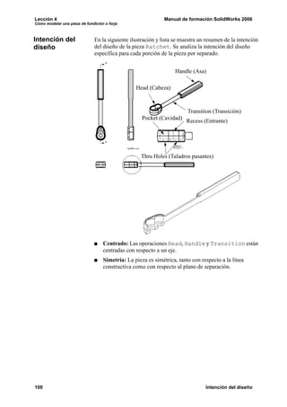 Lección 4                                                     Manual de formación SolidWorks 2006
Cómo modelar una pieza de fundición o forja



Intención del                  En la siguiente ilustración y lista se muestra un resumen de la intención
diseño                         del diseño de la pieza Ratchet. Se analiza la intención del diseño
                               específica para cada porción de la pieza por separado.


                                                                   Handle (Asa)

                                                 Head (Cabeza)



                                                                     Transition (Transición)
                                                    Pocket (Cavidad) Recess (Entrante)




                                                   Thru Holes (Taladros pasantes)




                                   Centrado: Las operaciones Head, Handle y Transition están
                                   centradas con respecto a un eje.
                                   Simetría: La pieza es simétrica, tanto con respecto a la línea
                                   constructiva como con respecto al plano de separación.




100                                                                             Intención del diseño
 