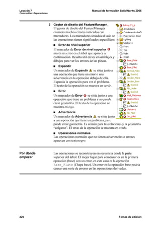 Lección 7                                                     Manual de formación SolidWorks 2006
Cómo editar: Reparaciones




                            3   Gestor de diseño del FeatureManager.
                                El gestor de diseño del FeatureManager
                                enumera muchos errores indicados con
                                marcadores. Los marcadores situados al lado de
                                las operaciones tienen significados específicos:
                                   Error de nivel superior
                                El marcador de Error de nivel superior
                                marca un error en el árbol que aparece a
                                continuación. Resulta útil en los ensamblajes y
                                dibujos para ver los errores de las piezas.
                                   Expandir
                                Un marcador de Expandir       se sitúa junto a
                                una operación que tiene un error o una
                                advertencia en la operación debajo de ella.
                                Expanda la operación para ver el problema.
                                El texto de la operación se muestra en verde.
                                   Error
                                Un marcador de Error       se sitúa junto a una
                                operación que tiene un problema y no puede
                                crear geometría. El texto de la operación se
                                muestra en rojo.
                                   Advertencia
                                Un marcador de Advertencia         se sitúa junto
                                a una operación que tiene un problema, pero
                                puede crear geometría. Es común para las relaciones y la geometría
                                “colgante”. El texto de la operación se muestra en verde.
                                   Operaciones normales
                                Las operaciones normales que no tienen advertencias o errores
                                aparecen con textonegro.


Por dónde                       Las operaciones se reconstruyen en secuencia desde la parte
empezar                         superior del árbol. El mejor lugar para comenzar es en la primera
                                operación (base) con un error, en este caso es la operación
                                Base_Plate (Chapa base). Un error en la operación base podría
                                causar una serie de errores en las operaciones derivadas.




226                                                                                Temas de edición
 