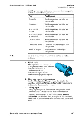 Manual de formación SolidWorks 2006                                                   Lección 9
                                                                     Configuraciones de las piezas


                         La tabla que aparece a continuación enumera opciones que pueden
                         controlarse utilizando configuraciones.
                          Tipo                    Posibilidades
                          Operación               Suprimir/desactivar supresión por
                                                  configuración
                          Ecuaciones              Suprimir/desactivar supresión por
                                                  configuración
                          Relaciones de           Suprimir/desactivar supresión por
                          croquis                 configuración
                          Relaciones externas     Suprimir/desactivar supresión por
                          de los croquis          configuración
                          Cotas de croquis        Suprimir/desactivar supresión por
                                                  configuración
                          Condiciones finales     Condición final diferente para cada
                                                  configuración
                          Planos de croquis       Plano de croquis diferente por
                                                  configuración

Nota                     Los colores, las texturas y los materiales también se pueden
                         configurar.

                     1   Abrir la pieza.
                         Abra la pieza WorkingConfigs
                         (Configs trabajo). Esta pieza tiene una
                         configuración: Default
                         (Predeterminada). Las
                         configuraciones y las nuevas
                         operaciones se agregarán a la pieza.

                     2   Cómo crear nuevas configuraciones.
                         Cambie al Configuration Manager y haga clic con el botón
                         secundario del ratón en Agregar configuración. Cree una nueva
                         configuración denominada keyseat.
                     3   Copiar y pegar.
                         Copie y pegue keyseat para crear otra configuración nueva.
                         Denomínela ports y haga que sea la configuración activa.
                         De manera predeterminada se selecciona la opción Suprimir
                         operaciones. Esto significa que a medida que se agregan nuevas
                         operaciones, se suprimen en todas las configuraciones excepto en la
                         activa.




Cómo editar piezas que tienen configuraciones                                                287
 