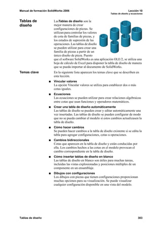 Manual de formación SolidWorks 2006                                                 Lección 10
                                                                    Tablas de diseño y ecuaciones


Tablas de               LasTablas de diseño son la
diseño                  mejor manera de crear
                        configuraciones de piezas. Se
                        utilizan para controlar los valores
                        de cota de familias de piezas, y
                        los estados de supresión de las
                        operaciones. Las tablas de diseño
                        se pueden utilizar para crear una
                        familia de piezas a partir de un
                        único diseño de pieza. Puesto
                        que el software SolidWorks es una aplicación OLE/2, se utiliza una
                        hoja de cálculo de Excel para disponer la tabla de diseño de manera
                        que se pueda importar al documento de SolidWorks.
Temas clave             En la siguiente lista aparecen los temas clave que se describen en
                        esta lección.
                        Vincular valores
                        La opción Vincular valores se utiliza para establecer dos o más
                        cotas iguales.
                        Ecuaciones
                        Las ecuaciones se pueden utilizar para crear relaciones algebraicas
                        entre cotas que usan funciones y operadores matemáticos.
                        Crear una tabla de diseño automáticamente
                        Las tablas de diseño se pueden crear y editar automáticamente una
                        vez insertadas. Las tablas de diseño se pueden configurar de modo
                        que no se pueda cambiar el modelo si estos cambios actualizasen la
                        tabla de diseño.
                        Cómo hacer cambios
                        Se pueden hacer cambios a la tabla de diseño existente si se edita la
                        tabla para agregar configuraciones, cotas u operaciones.
                        Cambios bidireccionales
                        Cotas que aparecen en la tabla de diseño y están conducidas por
                        ella. Los cambios hechos a las cotas en el modelo provocan el
                        cambio correspondiente en la tabla de diseño.
                        Cómo insertar tablas de diseño en blanco
                        Las tablas de diseño en blanco son útiles para muchas tareas,
                        incluidas las vistas explosionadas y posiciones múltiples de un
                        componente en un ensamblaje.
                        Dibujos con configuraciones
                        Los dibujos con piezas que tienen configuraciones proporcionan
                        muchas opciones para su visualización. Se puede visualizar
                        cualquier configuración disponible en una vista del modelo.




Tablas de diseño                                                                            303
 