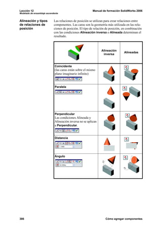 Lección 12                                                 Manual de formación SolidWorks 2006
Modelado de ensamblaje ascendente


Alineación y tipos           Las relaciones de posición se utilizan para crear relaciones entre
de relaciones de             componentes. Las caras son la geometría más utilizada en las rela-
posición                     ciones de posición. El tipo de relación de posición, en combinación
                             con las condiciones Alineación inversa o Alineada determinan el
                             resultado.



                                                                 Alineación
                                                                                  Alineadas
                                                                  inversa



                              Coincidente
                              (las caras están sobre el mismo
                              plano imaginario infinito)



                              Paralela




                              Perpendicular
                              Las condiciones Alineada y
                              Alineación inversa no se aplican
                              a Perpendicular.


                              Distancia




                              Ángulo




386                                                                 Cómo agregar componentes
 