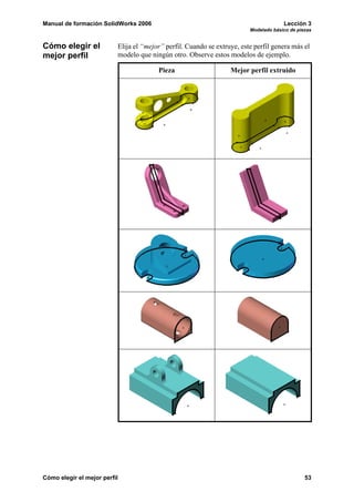 Manual de formación SolidWorks 2006                                                   Lección 3
                                                                         Modelado básico de piezas


Cómo elegir el            Elija el “mejor” perfil. Cuando se extruye, este perfil genera más el
mejor perfil              modelo que ningún otro. Observe estos modelos de ejemplo.

                                        Pieza                     Mejor perfil extruido




Cómo elegir el mejor perfil                                                                    53
 