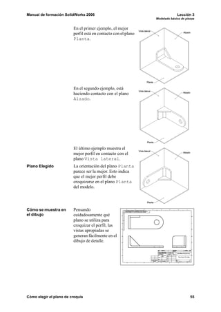 Manual de formación SolidWorks 2006                                          Lección 3
                                                                Modelado básico de piezas


                         En el primer ejemplo, el mejor
                         perfil está en contacto con el plano
                         Planta.




                         En el segundo ejemplo, está
                         haciendo contacto con el plano
                         Alzado.




                         El último ejemplo muestra el
                         mejor perfil en contacto con el
                         plano Vista lateral.
Plano Elegido            La orientación del plano Planta
                         parece ser la mejor. Esto indica
                         que el mejor perfil debe
                         croquizarse en el plano Planta
                         del modelo.




Cómo se muestra en       Pensando
el dibujo                cuidadosamente qué
                         plano se utiliza para
                         croquizar el perfil, las
                         vistas apropiadas se
                         generan fácilmente en el
                         dibujo de detalle.




Cómo elegir el plano de croquis                                                       55
 