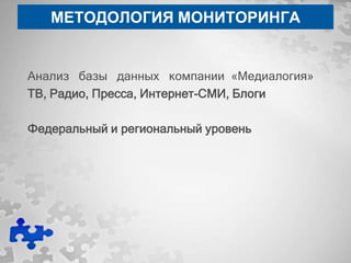 МЕТОДОЛОГИЯ МОНИТОРИНГА


Анализ базы данных компании «Медиалогия»
ТВ, Радио, Пресса, Интернет-СМИ, Блоги

Федеральный и региональный уровень
 