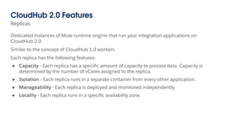 Replicas
CloudHub 2.0 Features
Dedicated instances of Mule runtime engine that run your integration applications on
CloudHub 2.0
Similar to the concept of CloudHub 1.0 workers
Each replica has the following features:
● Capacity - Each replica has a speciﬁc amount of capacity to process data. Capacity is
determined by the number of vCores assigned to the replica.
● Isolation - Each replica runs in a separate container from every other application.
● Manageability - Each replica is deployed and monitored independently.
● Locality - Each replica runs in a speciﬁc availability zone.
 
